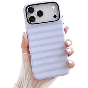 iPhone 17 Pro Case Cute Aesthetic Horizontal Striped Phone Case for Women Girl Shockproof Slim TPU and Hard PC Protective Cover 6.3 inch 2025 - Light Blue