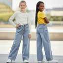 Girls Straight Leg Bootcut Ripped Baggy Jeans for 8-12 Y Old - Adjustable Stretch Waist Pull Up 5 Pockets Washed Denim Pants (Blue)