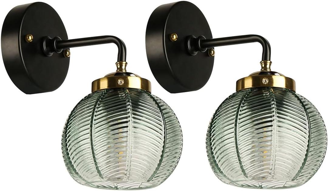 Bathroom Light Fixtures Over Mirror Gold Black Bathroom Vanity Lights,Mid Century Art Deco Wall Lamp with Green Ribbed Glass Shade Vintage Modern Sconce for Bedroom Hallway 2-Pack