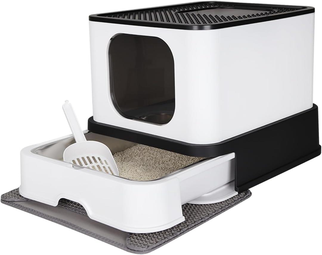 RIZZARI Stainless Steel Cat Box: Black Enclosed Litter Pan with High Walls - Large Capacity & Leak-Proof Tray - Non-Stick Teflon Coating Drawer for Fast Cleaning - Living Room Balcony (Dark Gray)