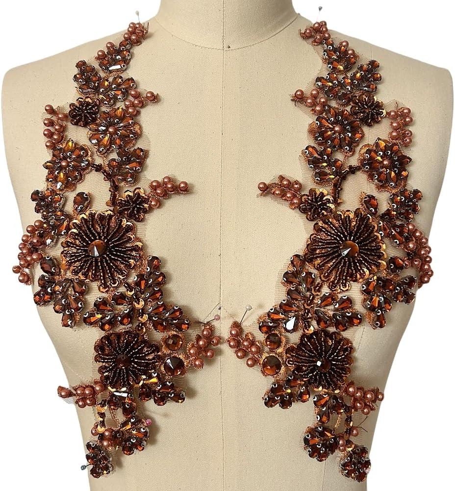1 Pair Sew on Crystals Rhinestones Appliques Patches for Front Bodice Decoration Sewing Beaded Wedding Evening Dress Clothing Prom Costumes Crafts (Brown)