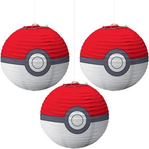 amscan Pokemon Ball Paper Party Lanterns - 9.5" H | Red & White | Pack of 3