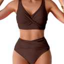 Fanuerg Women High Waisted Bikini Sets V Neck Cross Twist Front Two Piece Swimsuit Tummy Control Bathing Suit (Small, Coffee Brown)