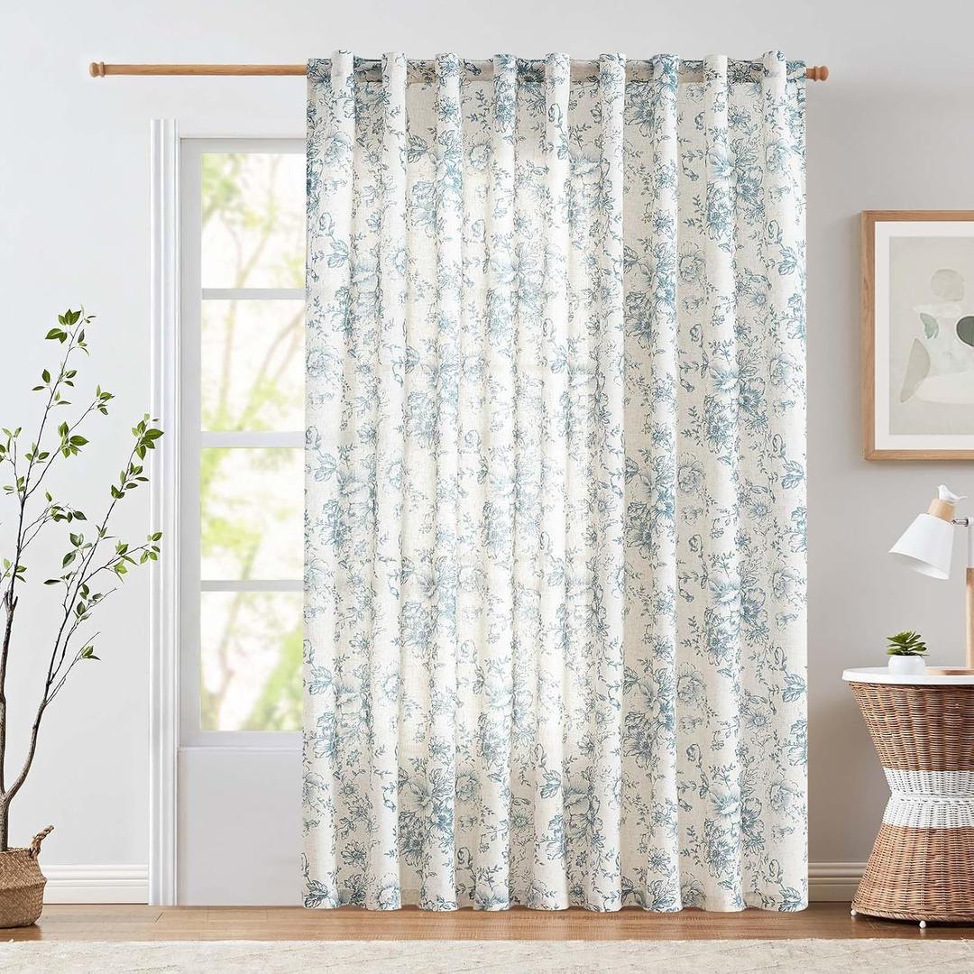 jinchan Linen Floral Curtains Extra Wide for Patio Sliding Glass Door Room Divider Curtain for Living Room 84 Inch Length Farmhouse Peony Blue Printed Curtain Set 1 Panel