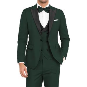 Mens Suit 3 Piece Tuxedo for Men Slim Fit Double Breasted Suit Wedding Prom Party Dinner Tuxedo with Tie (Large, Dark Green)