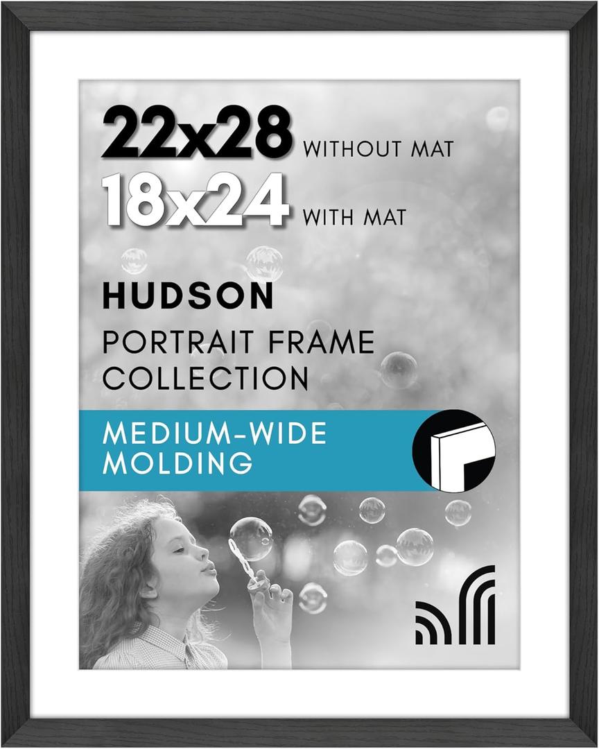 Americanflat 22x28 Poster Frame with Polished Plexiglass - Use as 18x24 Frame with Mat - Hudson Collection - Wide Picture Frames for Wall Display - Black
