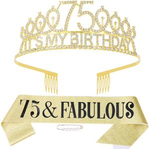 75th Birthday Decorations for Women, 75th Birthday Gits for Her Party Decorations Set- Crown Tiara and Sash with 75 & Fabulous