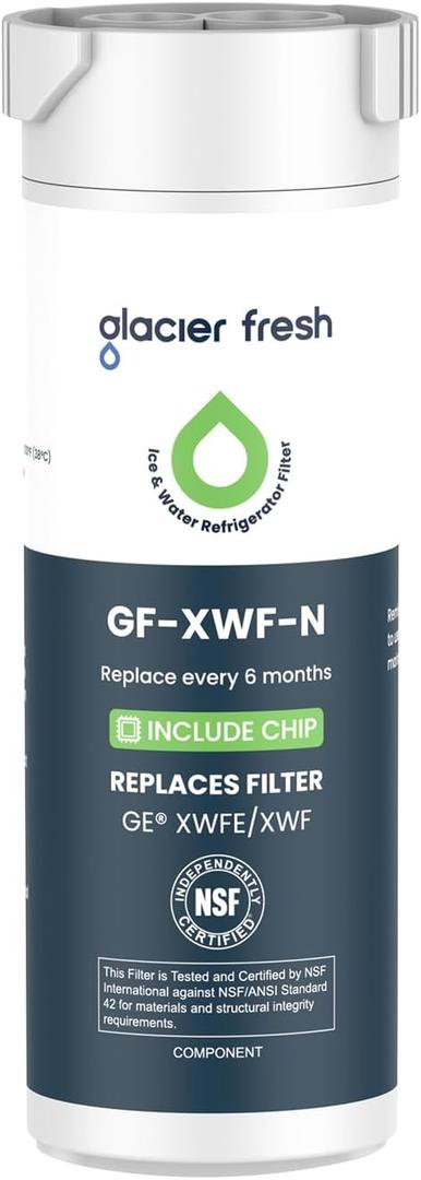 GLACIER FRESH Water Filter Compatible with XWFE (Built-in CHIP), Replacement for GE XWFE, XWF Refrigerator Water Filter NSF/ANSI 42 Certification Pack of 1