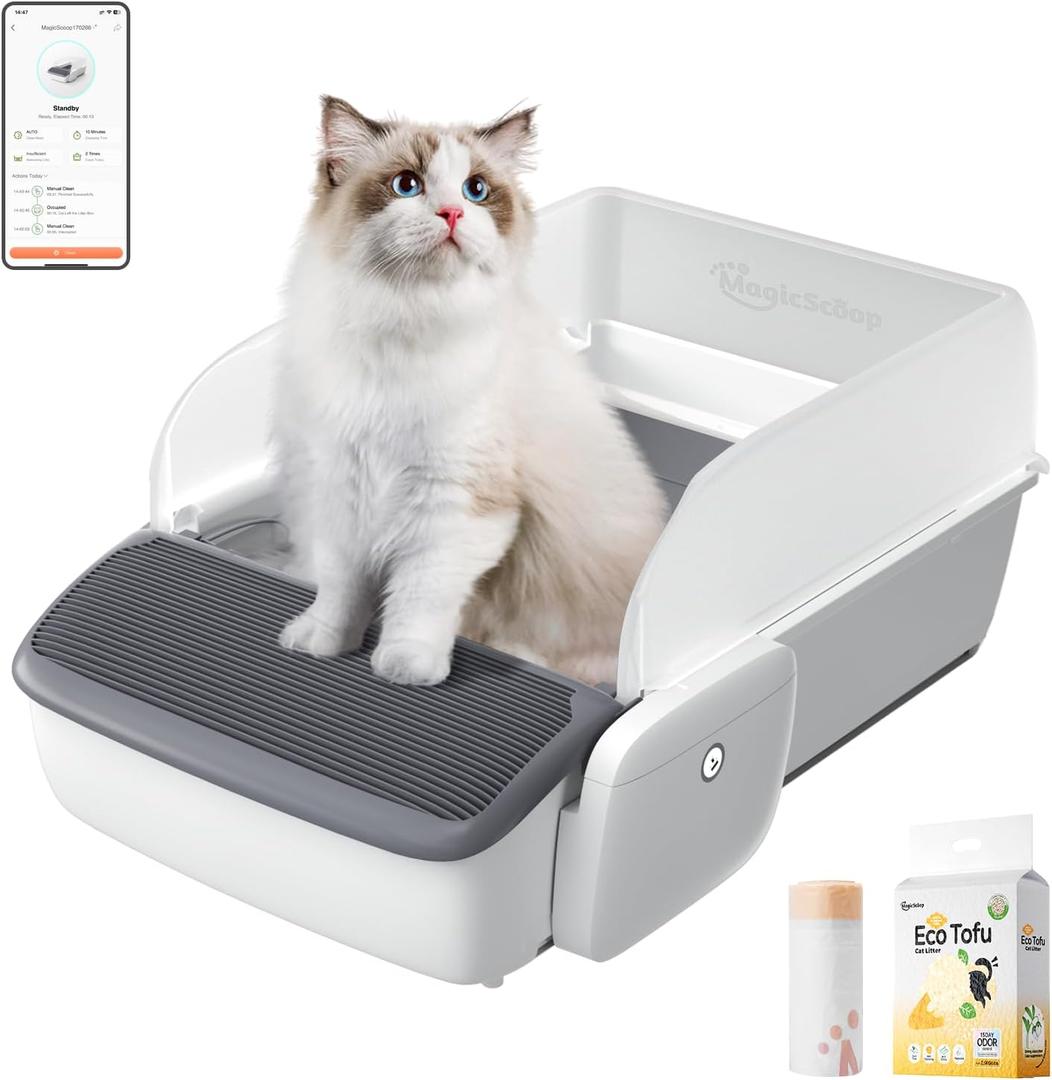 Self-Cleaning Litter Box, Automatic Cat Litter Box, Robot Open Top Litter Box, Scooper Free with Smart App Control, Anti-Pinch, Odor Free Waste Disposal, Spacious for Multiple Cats (Litter not Included)