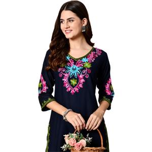Women's Embroidered Kashmiri Tunic Top, Short Kurti on Jeans, V-Neck, 3/4 Sleeve, Floral Design (Blue, XXL)