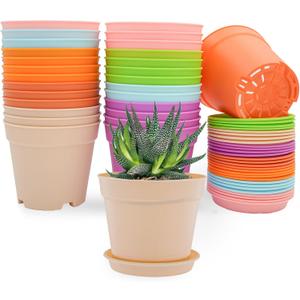 SwinDuck 4 inch Plant Pots, 28 Pack Small Plastic Planters with Drainage Holes and Saucers for Flowers Plants, Succulents, Seed Starting Pots, Colorful, 4 inches x 3.42 inches