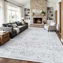 8x10 Area Rugs for Living Room, Washable Vintage Retro Floral Rug, Low Pile Non Slip Distressed Large Carpet for Bedroom, Dining Room, Office, Home (Grey)