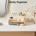 3-Tier Display Riser with Large Detachable Drawer, Plastic Storage Shelf, Perfume and Cologne Organizer Stand, Makeup Organizer for Vanity, Bathroom, Office, Cream White