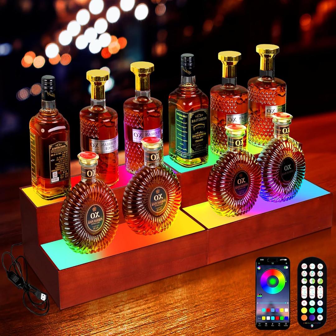 32 Inch LED Lighted Liquor Bottle Display Shelf, 2 Tier LED Bar Shelves for Liquor Bottles with RF Remote & App Control, Support USB for Whiskey Wine Coffee Syrup Bottle Display16+16Inch