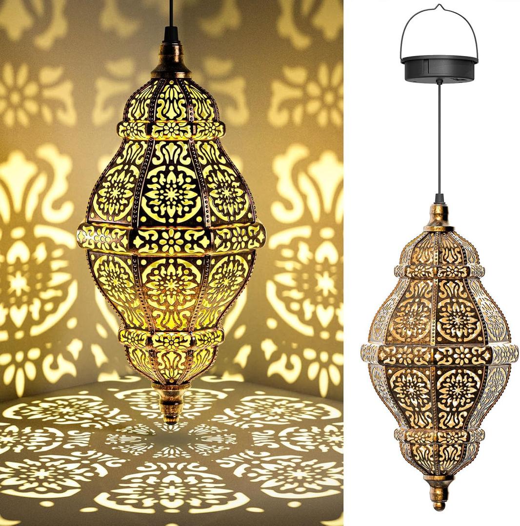 Twinkya Hanging Solar Lights Outdoor Garden Decor, Decorative Waterproof Plastic Moroccan Solar Lantern Lamp, Outside Decorations for Patio Yard Porch Backyard Decor, Gardening Gifts for Women Mom (1pack, Brown Gold)