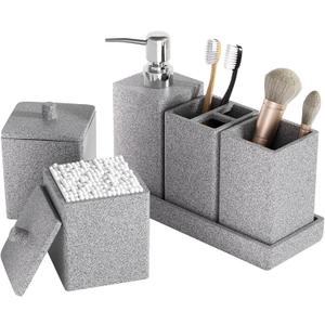 Gray Bathroom Accessories Set Resin 6PCS, Square Toothbrush Holders Set Complete with Soap Dispenser, Vanity Tray, Tumbler, Cups and Cotton Swab Jars for Counter, Sink or Small Spaces