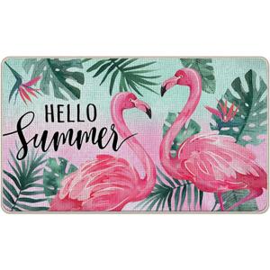 Hello Summer Flamingo Decorative Front Door Mat, Palm Leaves Tropical Plant Doormat Indoor Outdoor Non-Slip Floor Entryway Rug, Monstera Hawaii Seasonal Home Kitchen Decoration 17x29 Inch