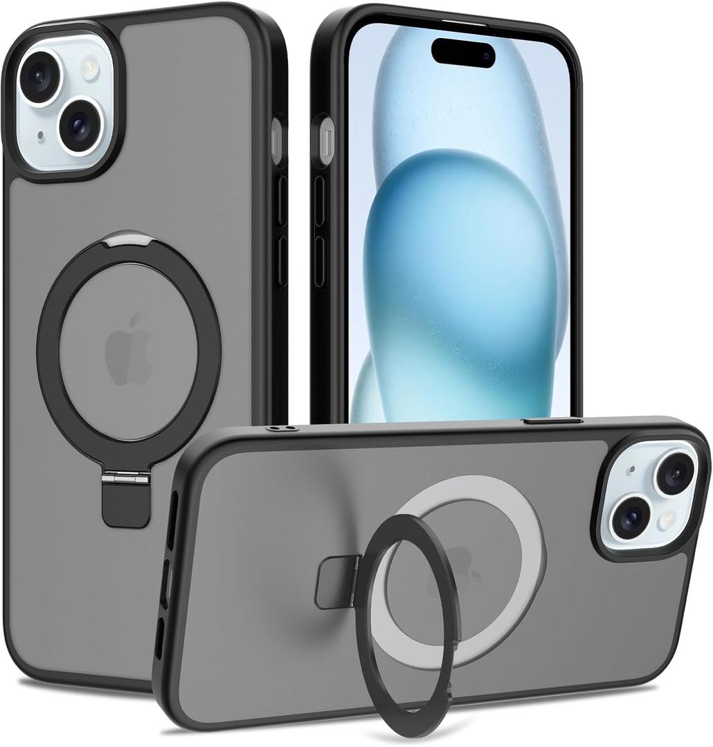 IDweel Magnetic for iPhone 15 Plus Case, for iPhone 14 Plus Case with Stand, Compatible with MagSafe, Translucent Matte Case with Invisible Ring Stand, Drop Protection Shockproof Slim Cover,Black