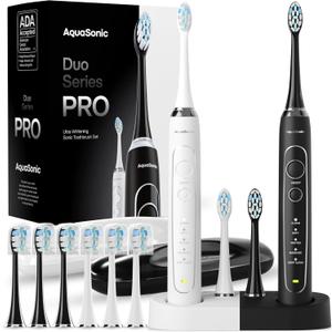 Aquasonic Duo Series PRO Ultra-Whitening Electric Toothbrush Set 5 Modes & Smart Timers Premium Travel Cases & 10 Proflex Brush Heads ADA Accepted Toothbrushes