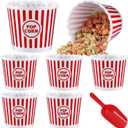 Roshtia 6 Pieces Plastic Popcorn Containers Reusable Buckets 75 oz Popcorn Boxes Bowl with Scoop Retro Style Red Plastic Scoop Set for Movie Theater Night(Stripe)