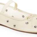 Coutgo Womens Mesh Ballet Flats Crystal Rhinestone Studded Comfortable Mary Jane Dress Shoes (Beige)