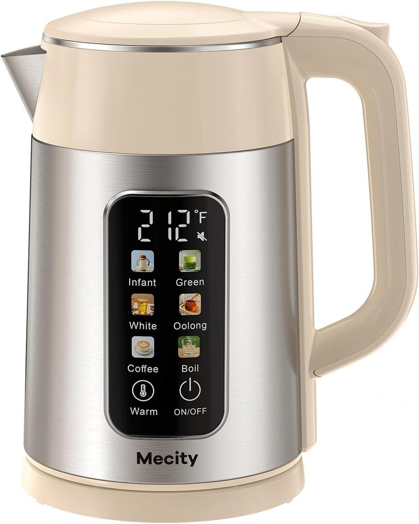 Mecity Electric Kettle 1.7L Touch Screen Temperature Control Water Boiler, No Plastic Contact with Water. 6 Presets For Tea and Coffee, 2 Hours Keep Warm, Auto Shut Off, Cream & Stainless Steel Color