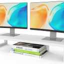 WESTREE Dual Monitor Stand Riser, Wood and Steel Monitor Stand Riser, Computer Monitor Stand for 2 Monitors, Multi-Purpose Desktop Storage Stand for Computer,Laptop,Printer,TV (Large, White)