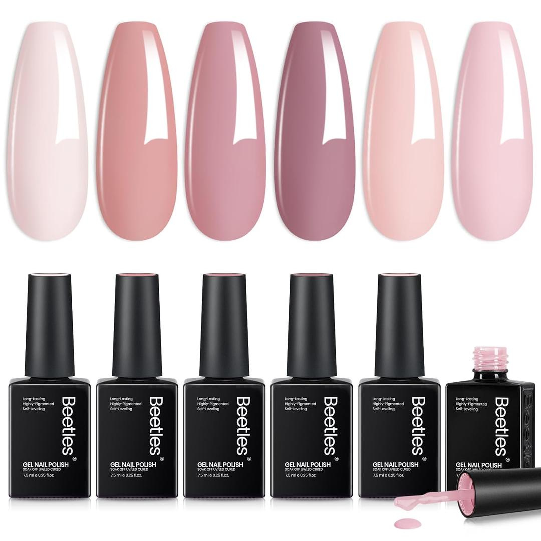 Beetles Nude Pink Gel Polish Set - 6 Colors Spring Gel Nail Polish Set, Nude Light Baby Pink Colors, DIY Salon Home Manicure Long Lasting Soak Off UV LED Nail Lamp Cozy Palette