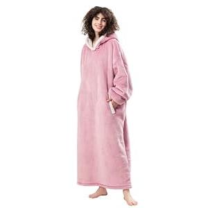 HBlife Long Oversized Wearable Blanket Hoodie for Adults, Thick Sherpa Fleece Sweatshirt with Elastic Sleeves & Giant Pockets, Cozy Plush Fleece Jacket, Pink