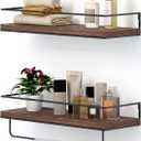 Shario Rustic Wood Floating Shelves - Set of 2, Wall Mounted Hanging Shelves with Black Towel Rack, Decorative Storage Shelves for Bathroom, Kitchen, Living Room & Bedroom (Dark Carbonized Brown)