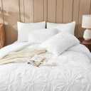 White Comforter Set Queen Size Bed in A Bag 7 Piece Pinch Pleat Bedding Set,Pintuck Ruched Flowers Bed Set with Comforter, Sheets, Pillowcases & Shams