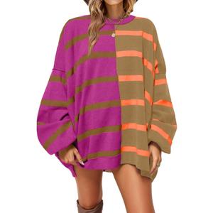Fisoew Womens Striped Pullover Sweater Crew Neck Long Sleeve Knitted Color Block Casual Loose Lightweight Sweaters for Women (M)
