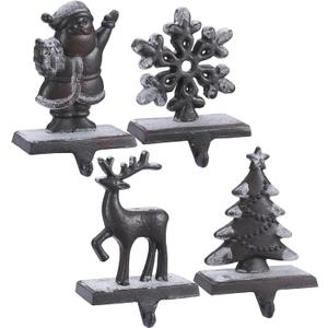 Set of 4 Cast Iron Christmas Stocking Holders for Mantel - Heavy Duty Stocking Hangers for Mantle- Xmas Tree Snowflake Deer Santa Stocking Holder for Mantle Decoration (Classic Black)
