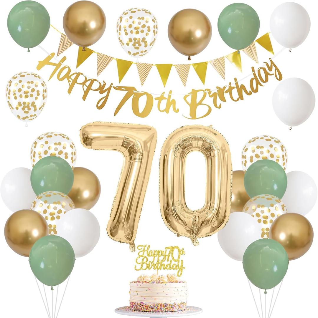 Sage Green White Gold 70th Birthday Balloons with Happy 70th Banner, Cake Decoration Number 70 Balloon for 70 Year Old Party Decor