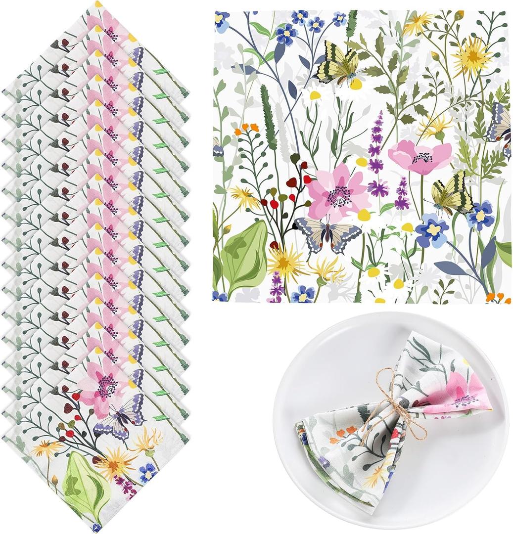 Maxcheck 24 Pcs Reusable Cotton Cloth Napkins 16 x 16 Inch Floral Flower Washable Cocktail Dinner Napkins for Family Dining Wedding Party Table Decoration(Fresh Flower)