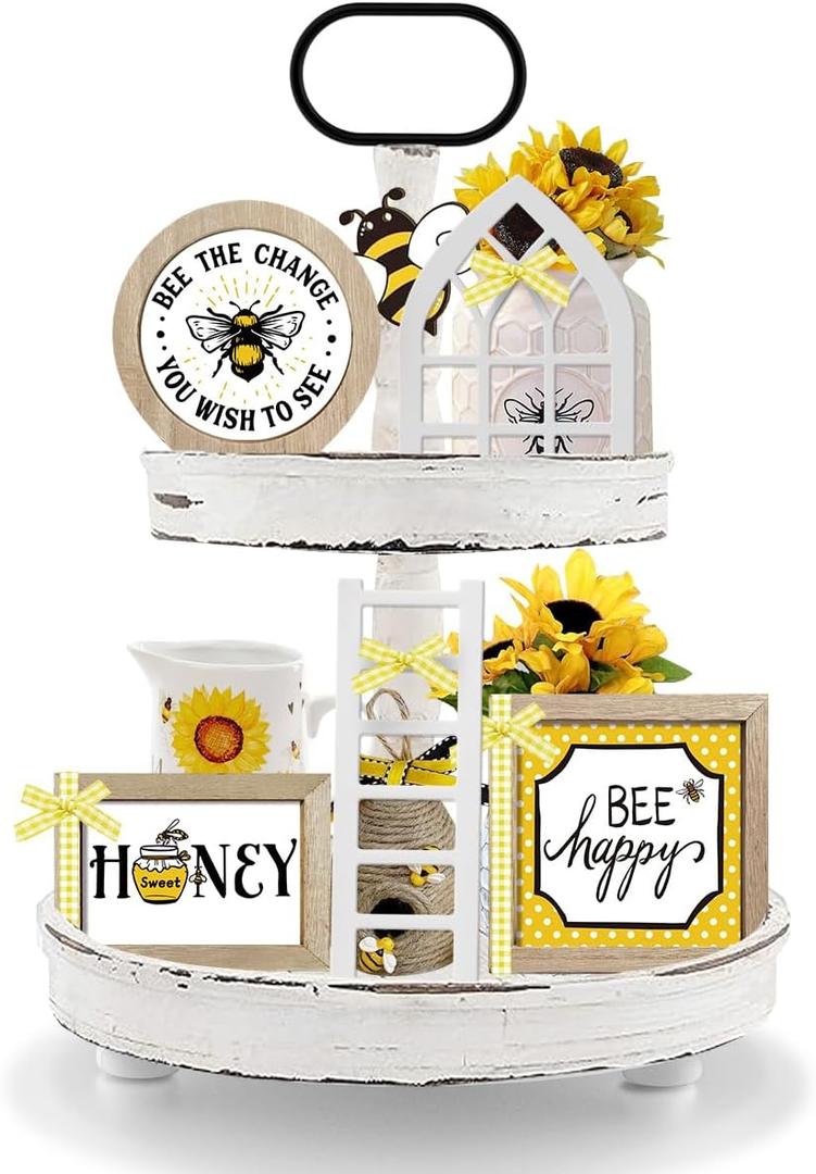 Farmhouse Bee Tiered Tray Decor Set,Interchangeable Year Round Seasonal Decorations Spring Decorations for Home Decor Wooden Frames + Mini Arch + Ladder, NO TRAY