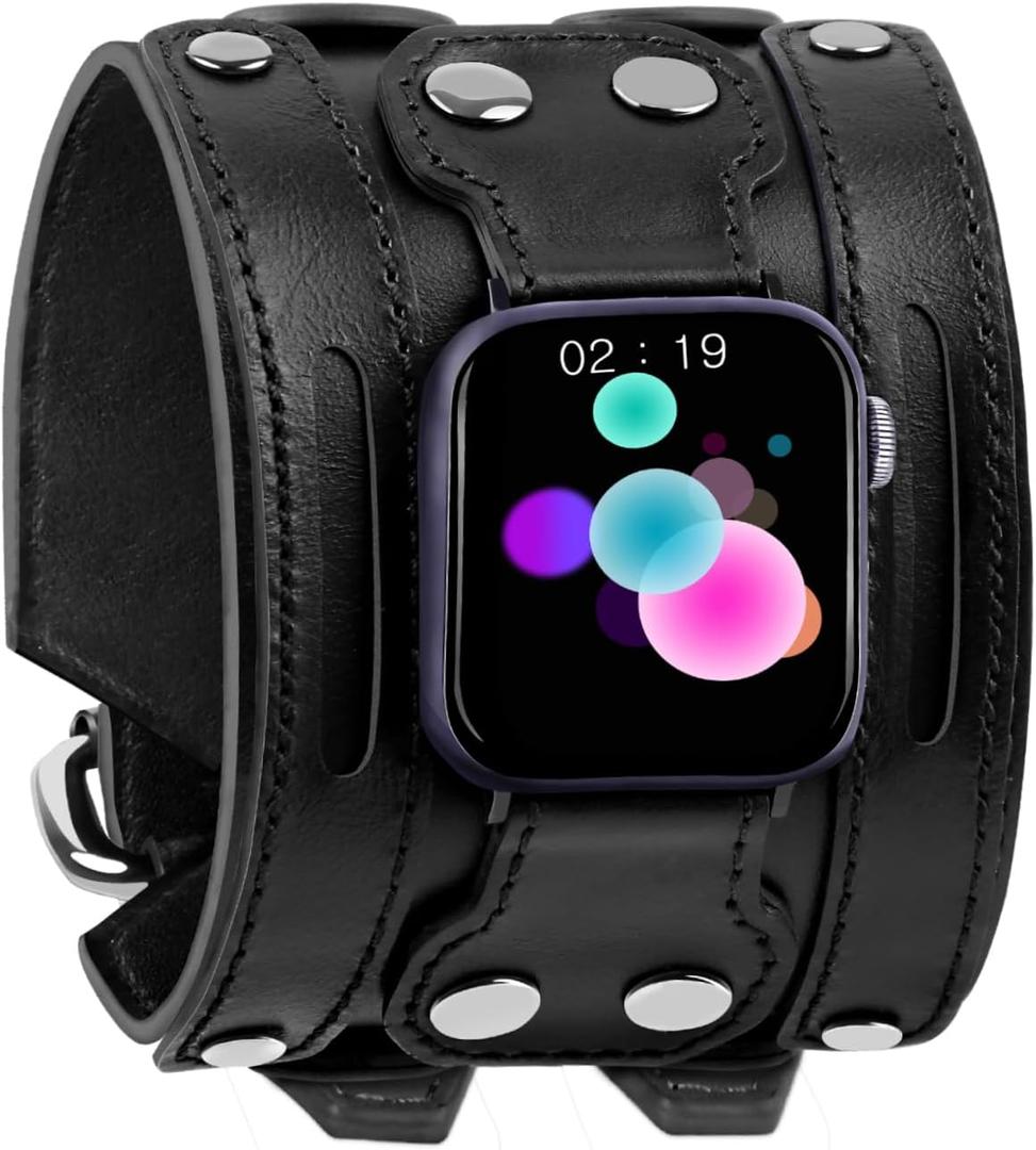 VIQIV Smart Watch Bracelet Bands Compatible with Apple Watch 38mm/40mm/41mm/42mm/44mm/45mm/49mm Smartwatch Straps for Iwatch Series Ultra/9/8/7/6/5/4/3/2/1/SE for Men Women, Ultra Wide Handmade Genuine Leather Wristband (Ultra wide 49/45/44/42mm, Black Leather Ultra Wide)