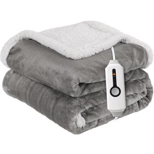 Electric Heated Blanket Twin Size 62"x84" - Dual-Sided with Microplush & Sherpa Fabric, 4 Heat Settings & 10 Hours Auto Off, Machine Washable - Light Gray