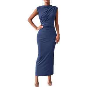 BTFBM Women's Ruched Bodycon Dress Summer Casual Sleeveless Back Slit Elegant Club Evening Party Cocktail Maxi Dresses, Small
