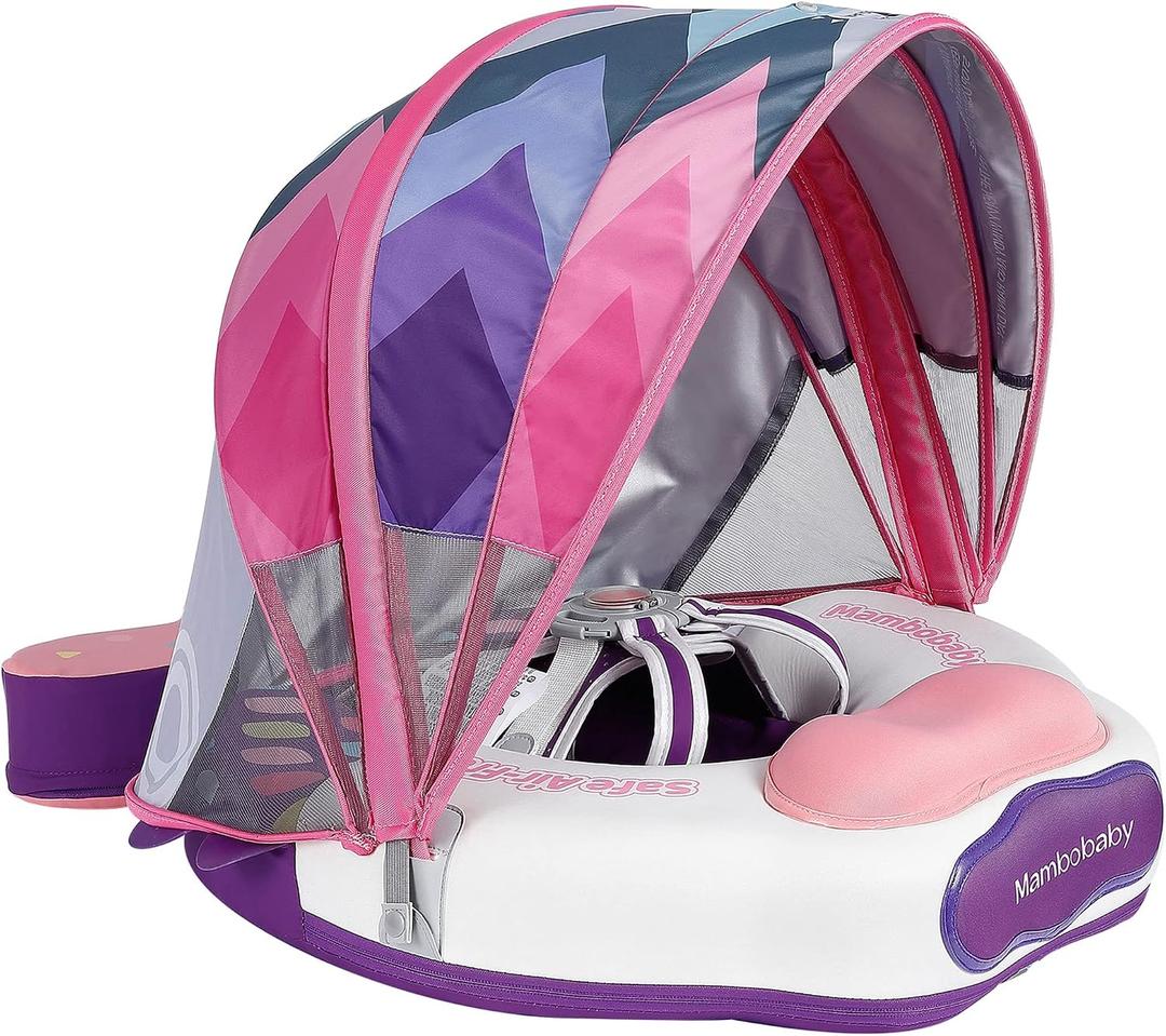 Mambobaby Float Upgrade Add Tail Baby Float with Canopy for Infant Waist Swimming Ring Swim Trainer Non-Inflatable Floats Toys with Adjustable Safety Strap (Pink - Colorful Fish), Medium