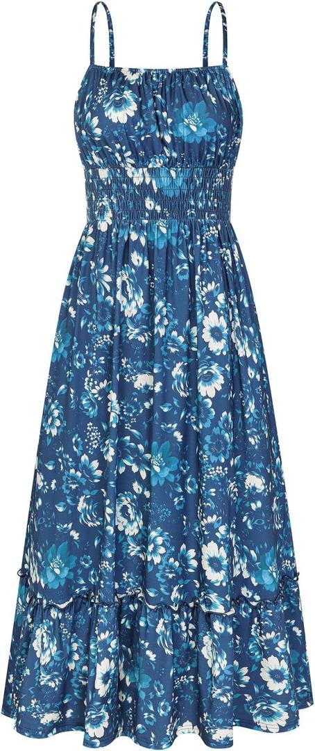GRACE KARIN Summer Dresses for Women 2026 Vacation,Smocked Floral Maxi Dress,Boho Beach Sundress with Pocket Fashion Clothing (Blue, M)