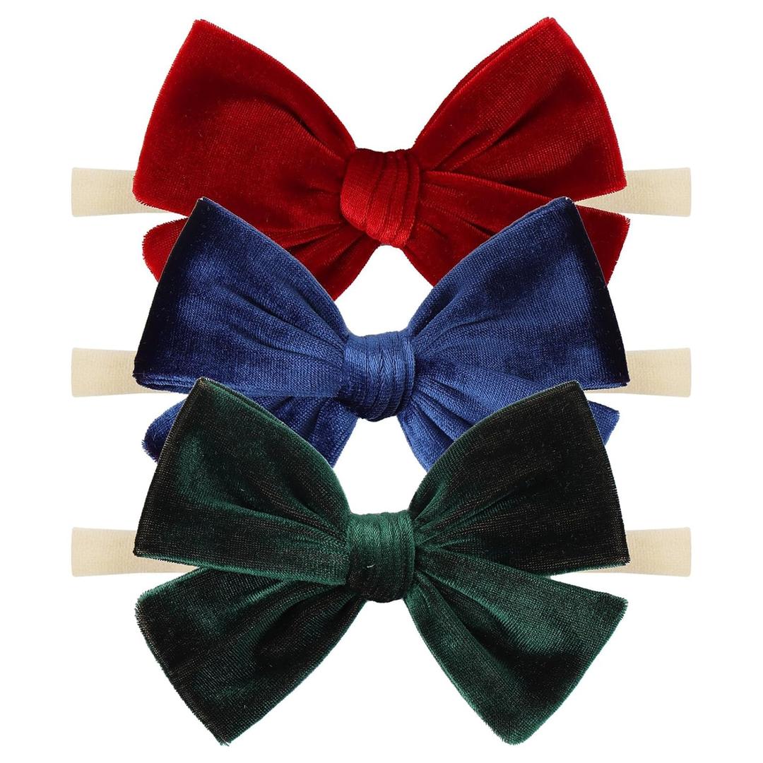 Baby Girls 4" Velvet Hairband Handmade Tied Bow Elastic Nylon Hair Accessories, 1 Piece, Red