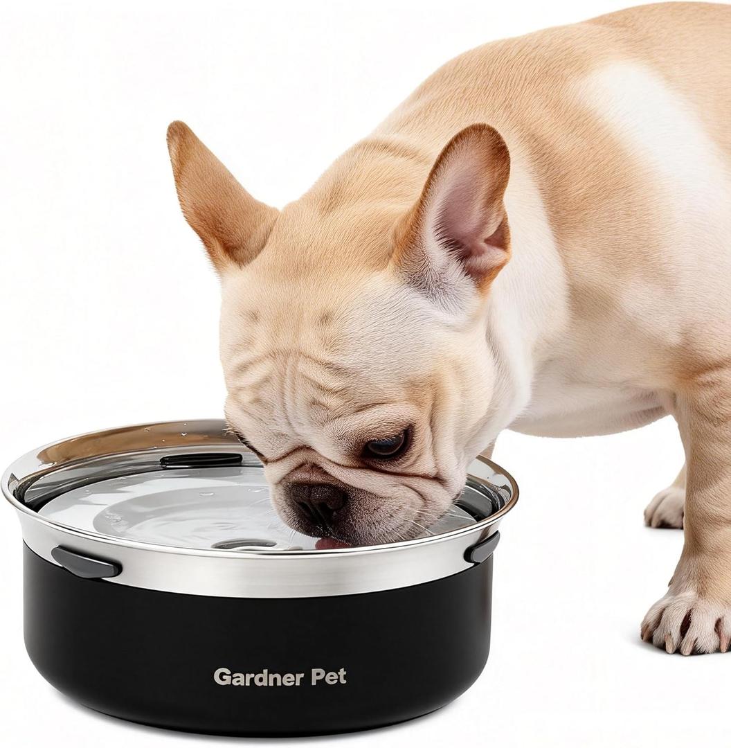 Gardner Pet Slow Water Bowl for Dogs, 2L/68oz Spill-Proof Pet Water Bowl with Floating Disk & Filter Screen, Stainless Steel No-Spill Water Dispenser for Medium Pets (Black)