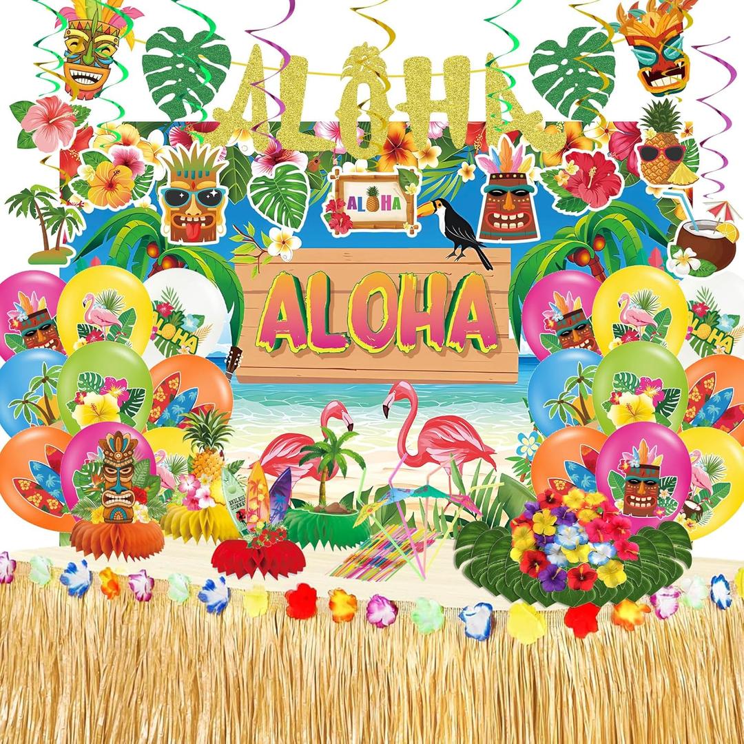 DMIGHT 101PCS Hawaiian Themed Party Decorations Set, Tropical Beach Aloha Summer Party Supplies, Including Backdrop, Table Skirt, Honeycomb Centerpieces, Balloons for Luau, Tiki Birthday Party