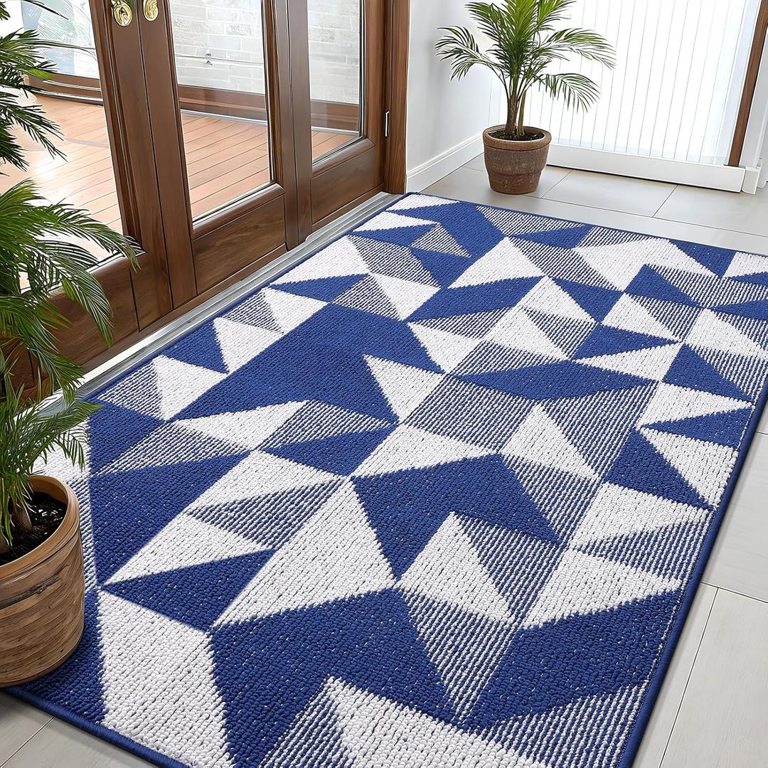 OLANLY Large Door Mat Indoor Entrance Washable 59x35, Odor-Free Low-Profile Front Back Geometric Doormat, Absorbent Resist Dirt Entry Carpet, Easy to Clean Sturdy Inside Floor Mats for Entryway, Navy