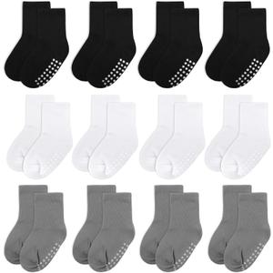 2 x 12 Pack Baby Socks and Toddler Socks,Soft Cotton Crew Socks with Non-Slip Grips for Infants,Boys and Girls,2-4T,(Black/White/Gray)