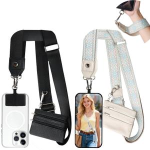 PUGPIU 2 Pack Clip and Go Strap for Phone with Wallet Crossbody - Phone Strap Crossbody with Zippered Pouch, Multifuctional Adjustable Cell Phone Lanyard for Going out (Black + Beige)