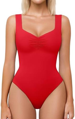 Avidlove Bodysuits for Women Sweetheart Neck Ruched Body Suit Seamless Double Lined Tank Top Slimming, S