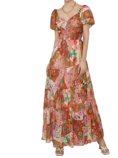 Gupgi Women Flower Long Dress Short Puff Sleeve Sweetheart, L