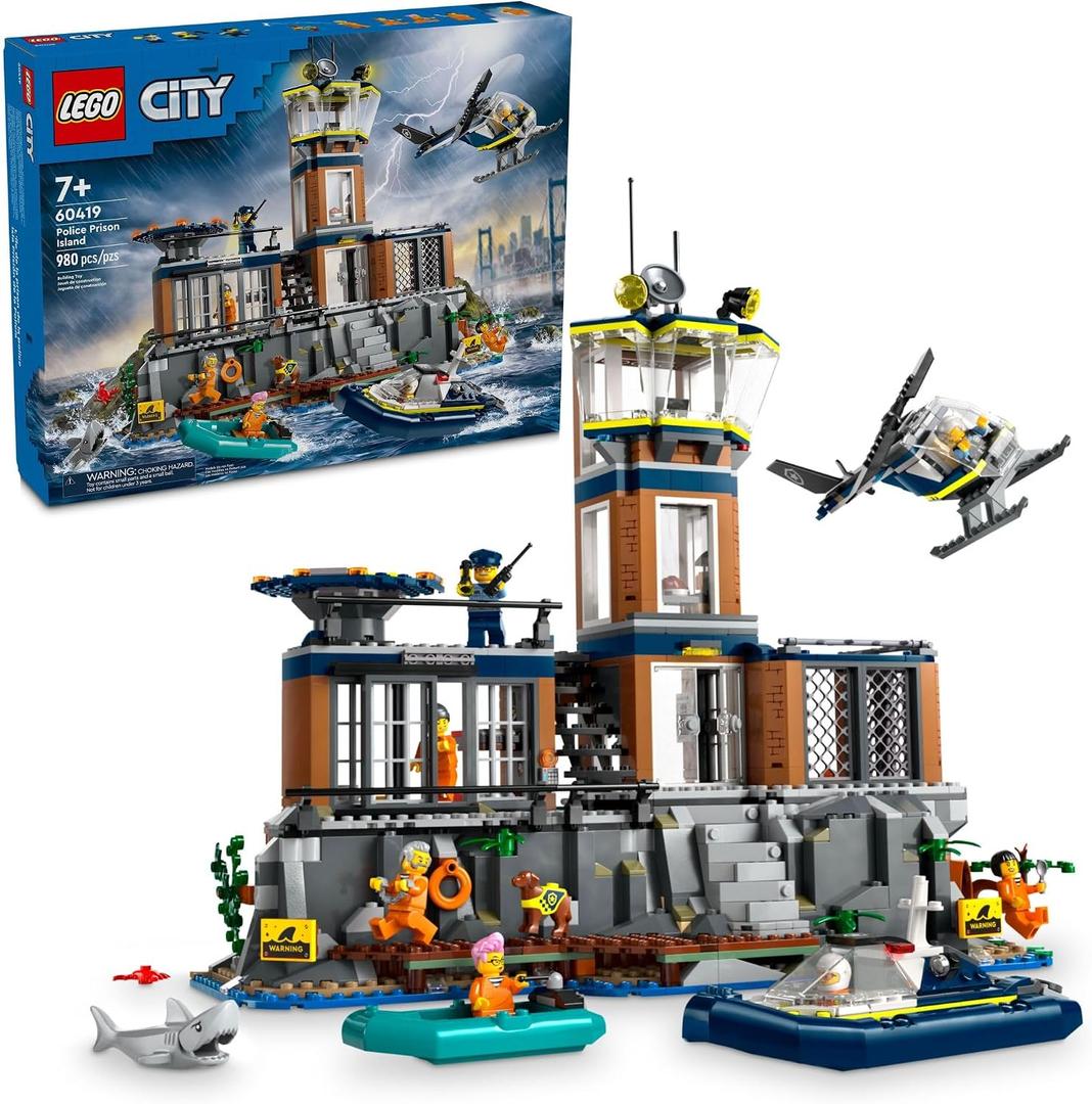 LEGO City Police Prison Island Building Set, Birthday Gift for Boys and Girls Ages 7 Plus, Imaginative Play, Helicopter Toy, Boat Toy and Dinghy, 7 Minifigures with Dog and Shark, 60419